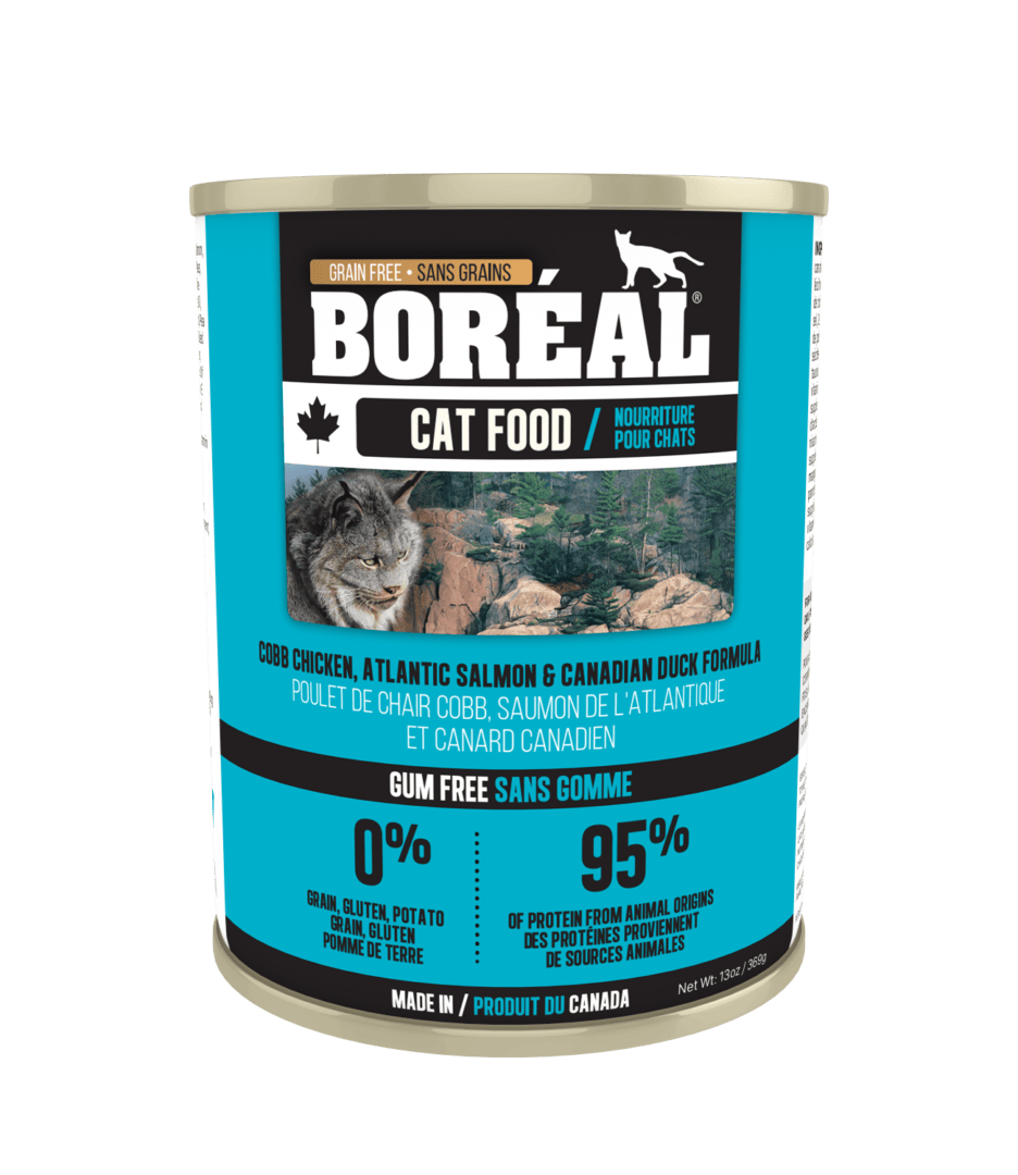 Boréal – Conserve chat sans grains - Poulet cobb, saumon de l'Atlantique et canard canadien - 369g