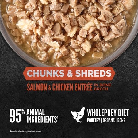 Orijen – Entrée saumon et poulet - Morceaux et effilochés avec bouillon d'os - 155g