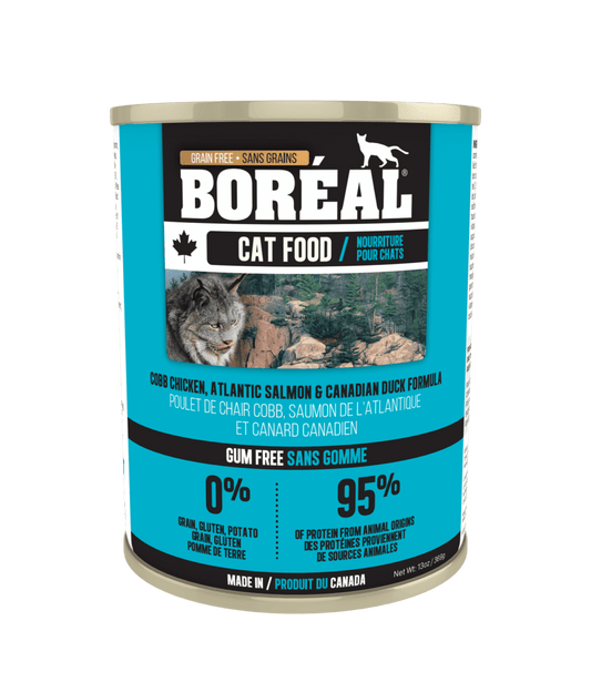 Boréal – Conserve chat sans grains - Poulet cobb, saumon de l'Atlantique et canard canadien - 369g