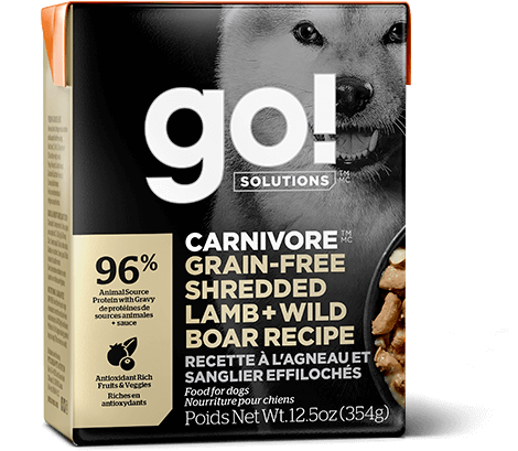 Petcurean – Go! Solutions - Tetra Pak - Carnivore – Sans Grains - Agneau et Sanglier - 354g