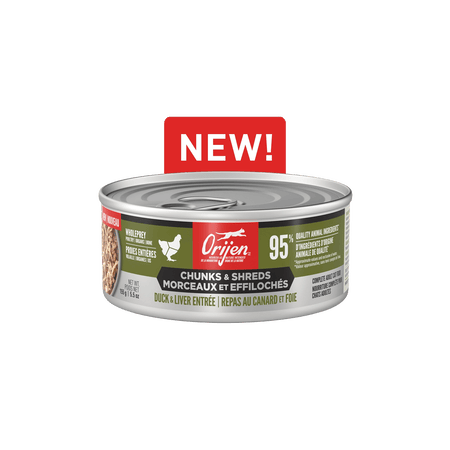 Orijen – Entrée canard et foie - Morceaux et effilochés avec bouillon d'os - 155g