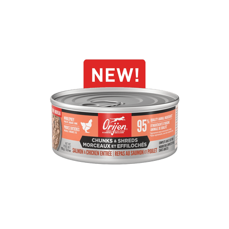 Orijen – Entrée saumon et poulet - Morceaux et effilochés avec bouillon d'os - 155g