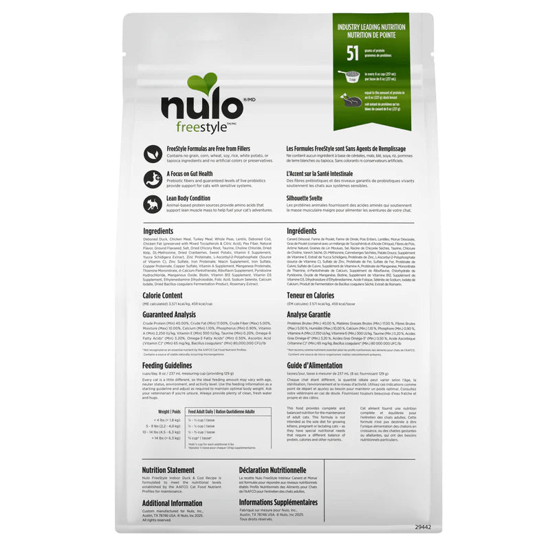 Nulo – Freestyle - Chats d'intérieur sans grains - Canard et lentilles