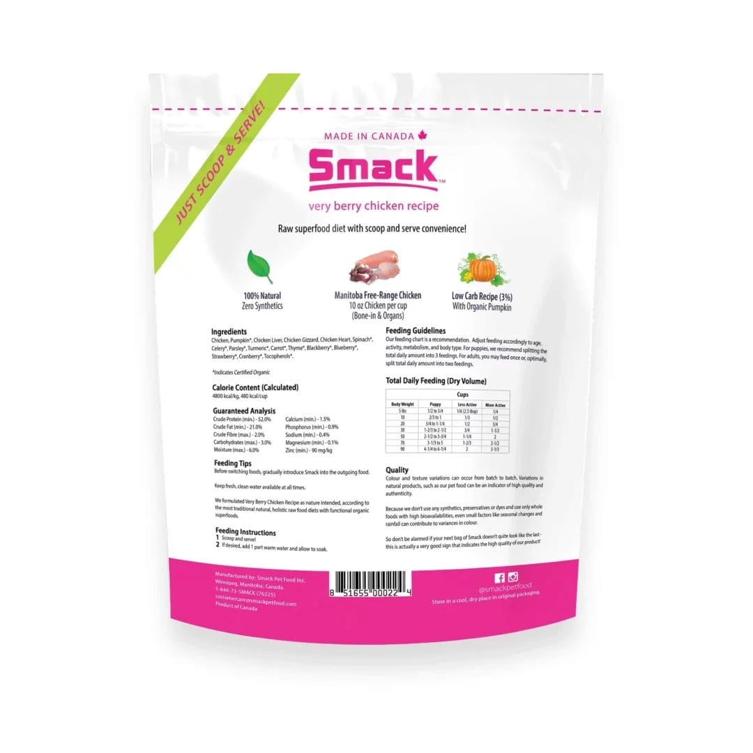 Smack – Nourriture crue déshydratée pour chien – Poulet et petits fruits